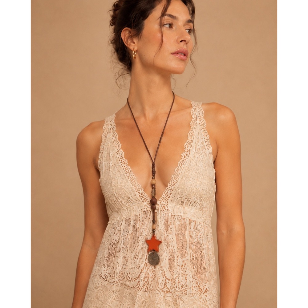 Handmade Boho Suede Lariat Necklace Orange Star Chinese Coin‎ Charm 2005